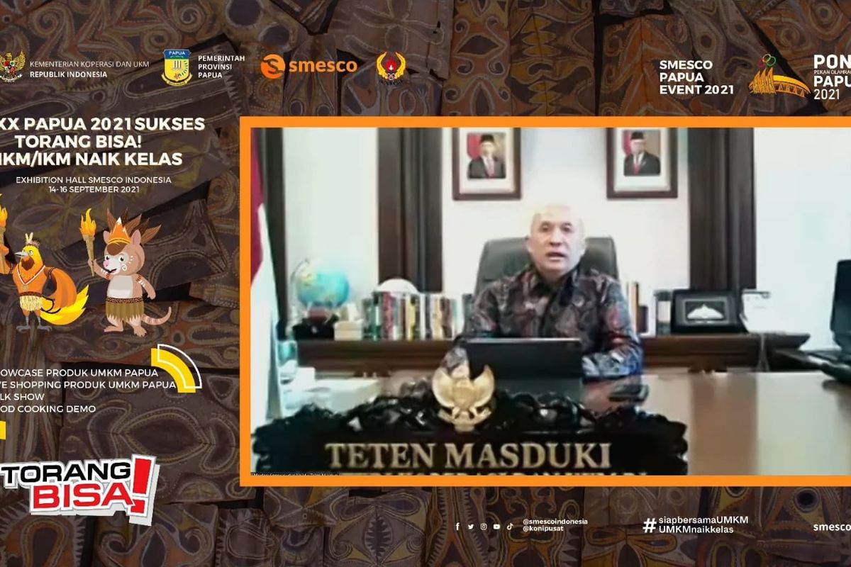 Menkop Teten saat membuka gelaran Smesco Papua Event dengan tema “PON XX Papua 2021 Sukses, Torang Bisa! UMKM/IKM Naik Kelas” secara daring, Selasa (14/9/2021).  (Tangkaoan Layar)