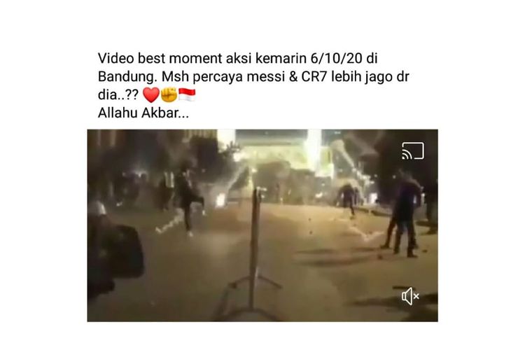 Tangkapan layar video yang diklaim sebagai video aksi di Bandung 6 Oktober 2020. 