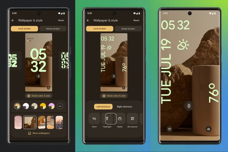 Fitur baru Android 14, pengguna bisa kustom tampilan lock screen dengan jam dan shortcut.