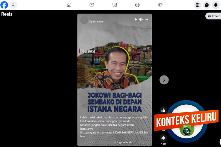 Tangkapan layar konten dengan konteks keliru di sebuah akun Facebook, soal Jokowi membagikan sembako dalam rangka kampanye Pemilu 2024.