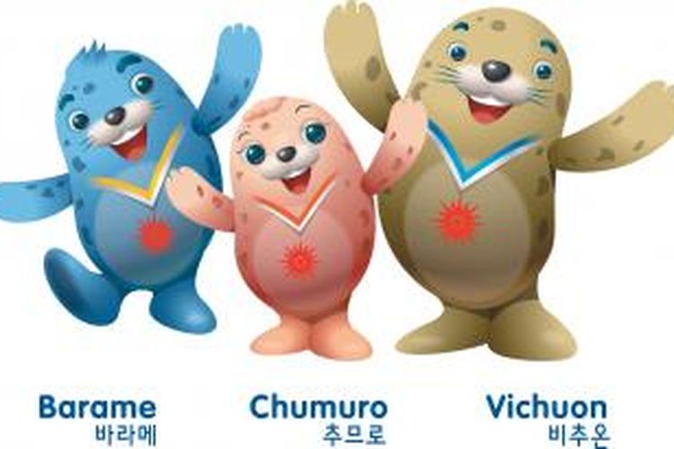 Tiga maskot Asian Games 2014 (dari kiri) Barame, Chumuro dan Vichuon.