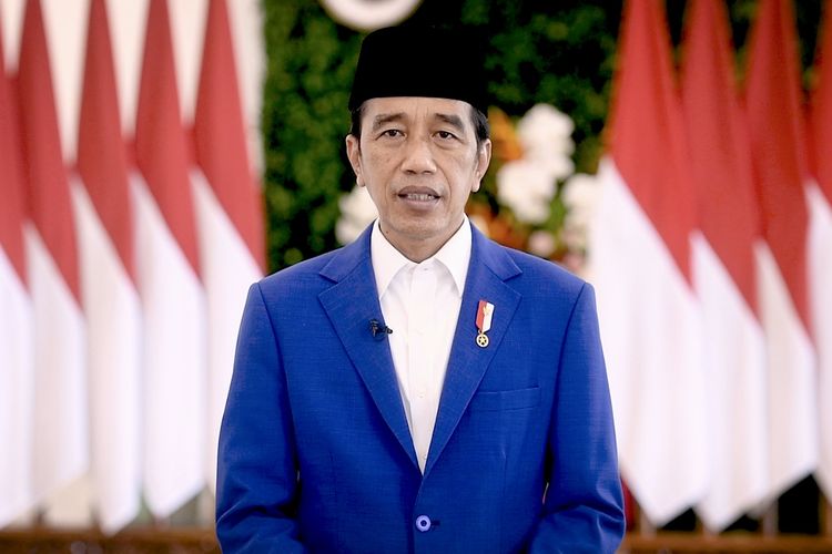 Indonesia's President Joko Widodo delivers his speech at the Bogor Palace in West Java on Saturday, April 2, 2022, a day before the holy fasting month of Ramadan begins. 