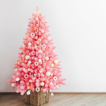 Pohon Natal mini, dekorasi Natal berwarna pink