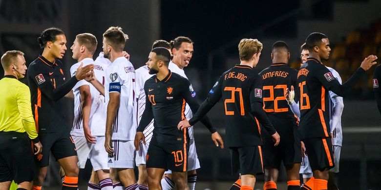 Skuad timnas Belanda seusai laga kontra Latvia dalam lanjutan Kualifikasi Piala Dunia 2022 Zona Eropa, Sabtu (9/10/2021) dini hari WIB.