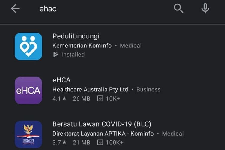 Aplikasi E-HAC hilang dari Google Play Store