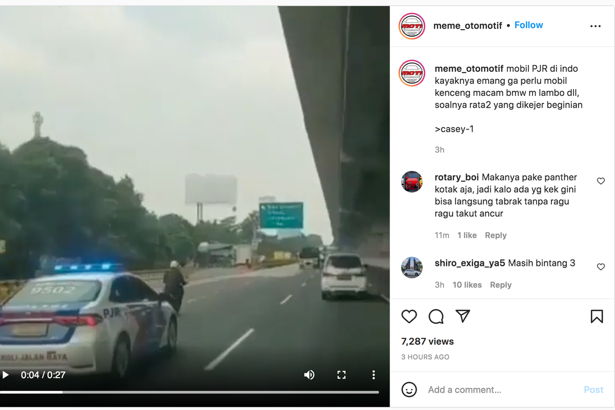 Viral aksi kejar-kejaran pengendara motor matik dan pjr di ruas tol Jakarta Cikampek (Japek) Km 33, Cibatu Kecamatan Cikarang Selatan.