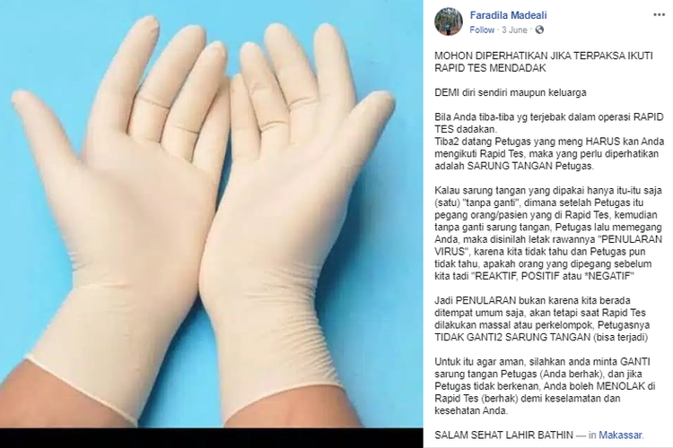 Tangkapan layar informasi yang dibagikan warganet tentang sarung tangan petugas rapid test.