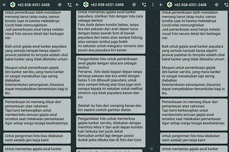 Tangkapan layar chat dari pelaku yang mengaku sebagai petugas Puskesmas Teras, ternyata seorang penipu. 



Artikel ini telah tayang di TribunJateng.com dengan judul Heboh Petugas di Boyolali Minta Foto Bagian Intim Wanita Peserta Vaksinasi Via WA, Ini Kata Titik, https://jateng.tribunnews.com/2021/07/04/heboh-petugas-di-boyolali-minta-foto-bagian-intim-wanita-peserta-vaksinasi-via-wa-ini-kata-titik?page=all.

