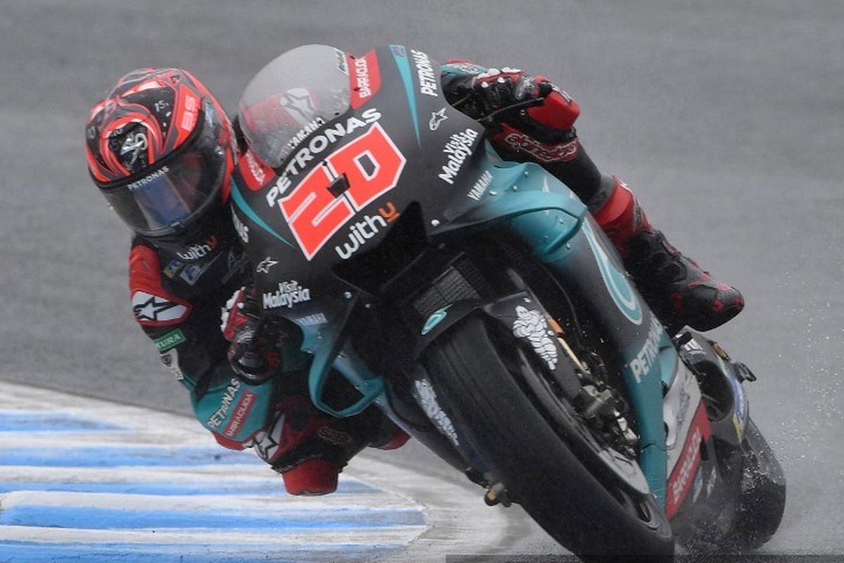 Pebalap Petronas Yamaha SRT, Fabio Quartararo, saat menjalani sesi latihan ketiga (FP3) MotoGP Jepang di Twin Ring Motegi, Sabtu (19/10/2019).