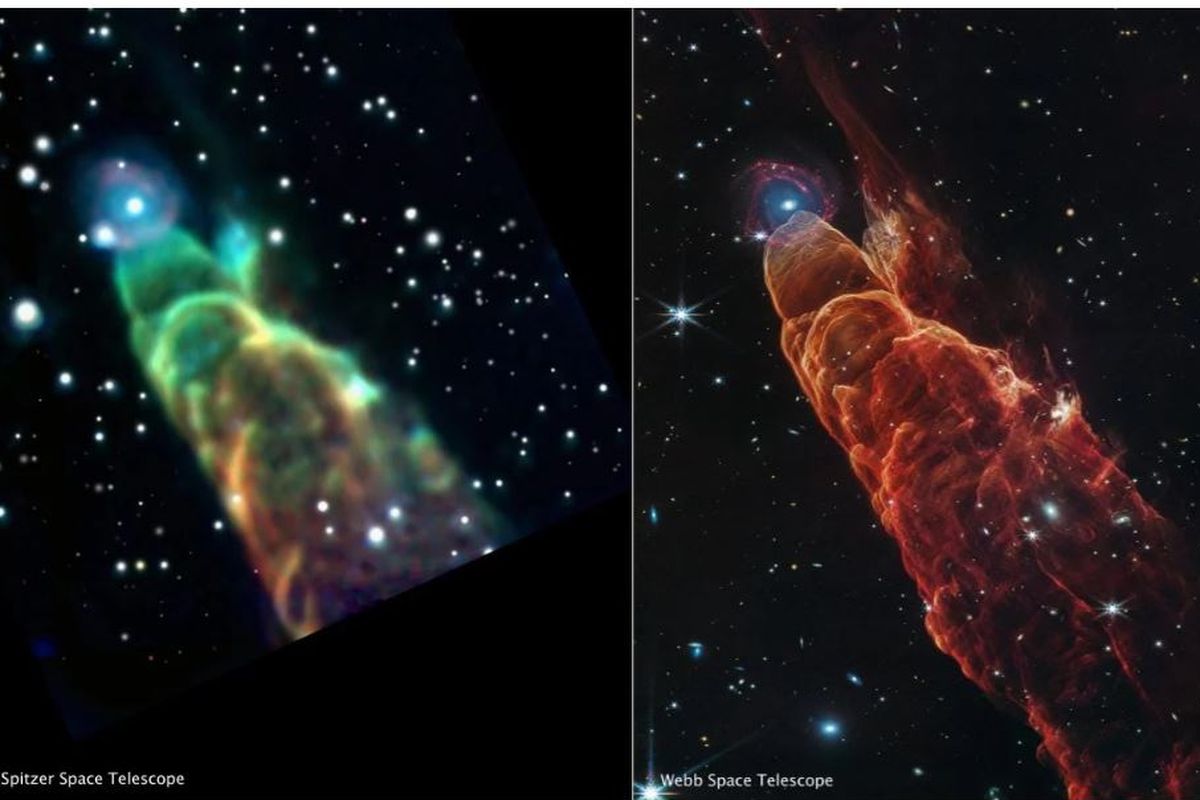 Perbandingan gambar Teleskop Luar Angkasa Spitzer dari HH 49/50 (kiri) versus gambar Webb dari objek yang sama (kanan) menggunakan instrumen NIRCam (Kamera Inframerah Dekat) dan MIRI (Instrumen Inframerah Menengah). Gambar Webb menunjukkan detail rumit dari gas dan debu yang dipanaskan saat jet protobintang menghantam material. Webb juga memecahkan objek kabur yang terletak di ujung aliran keluar ke galaksi spiral yang jauh. 