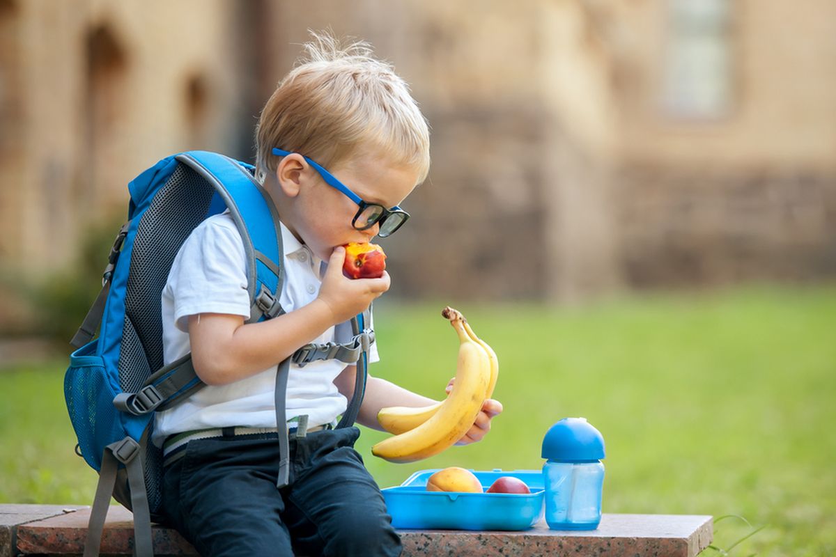 Ilustrasi anak makan buah.