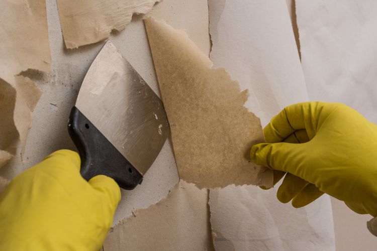 Ilustrasi mencabut wallpaper, membersihkan dinding bekas wallpaper. 