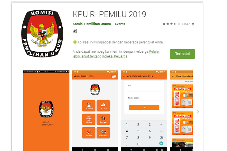 Tangkapan layar aplikasi KPU RI Pemilu 2019