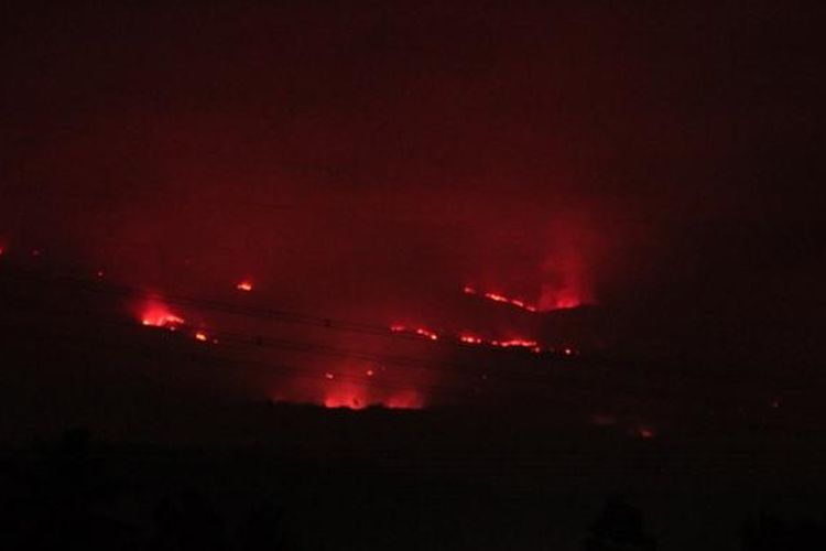 Kobaran api membakar kawasan hutan Gunung Ciremai Kabupaten Kuningan Jawa Barat, Senin Malam, (5/10/2015). Petugas BTNGC menduga kebakaran disebabkan kelalaian orang yang tidak bertanggung jawan hingga menyebabkan kebakaran terus meluas.