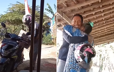 Kolase tangkapan layar video viral yang menampilkan peristiwa mengharukan antara anak dan sang ibu ketika bertemu di kampung halaman.