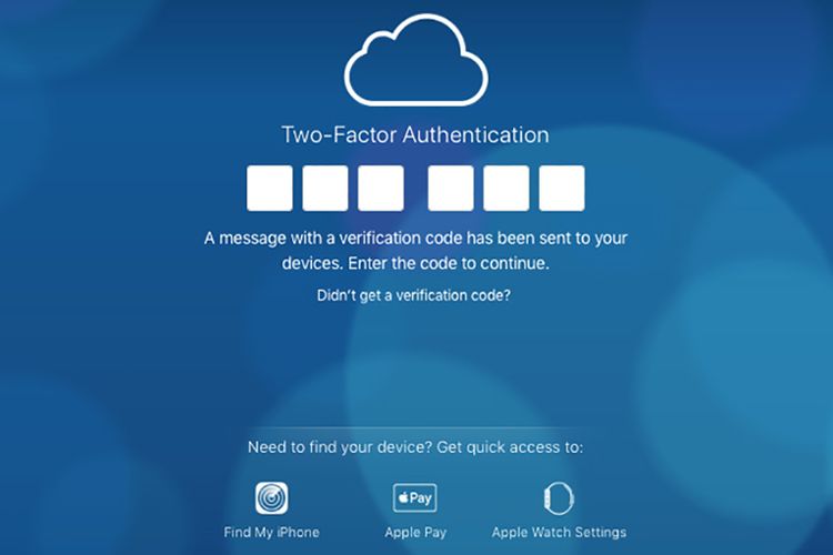 Halaman two-factor authentication Apple yang di bagian bawah terdapat menu Find My iPhone/Mac