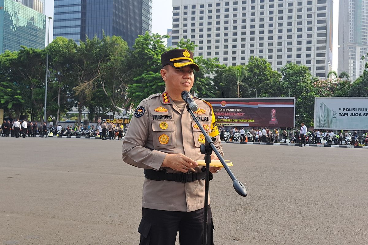 Kabid Humas Polda Metro Jaya Kombes Trunoyudo Wisnu Andiko usai Apel Gelar Pasukan Operasi Kepolisian Aman Bacuya Tahun 2023, Kamis (9/11/2023).
