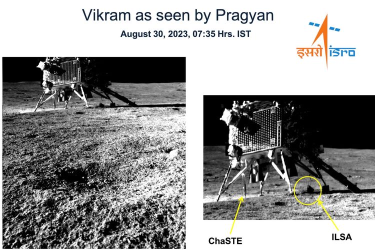 Foto 'image of the mission' yang diambil oleh kamera navigasi (NavCam) rover Pragyan.

