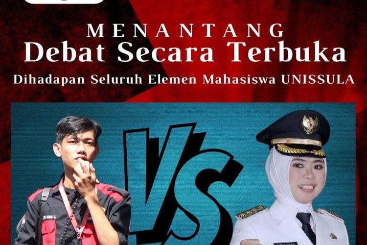 Poster tantangan debat terbuka BEM Unissula Semarang kepada Bupati Demak, Esti'anah soal banjir rob. 