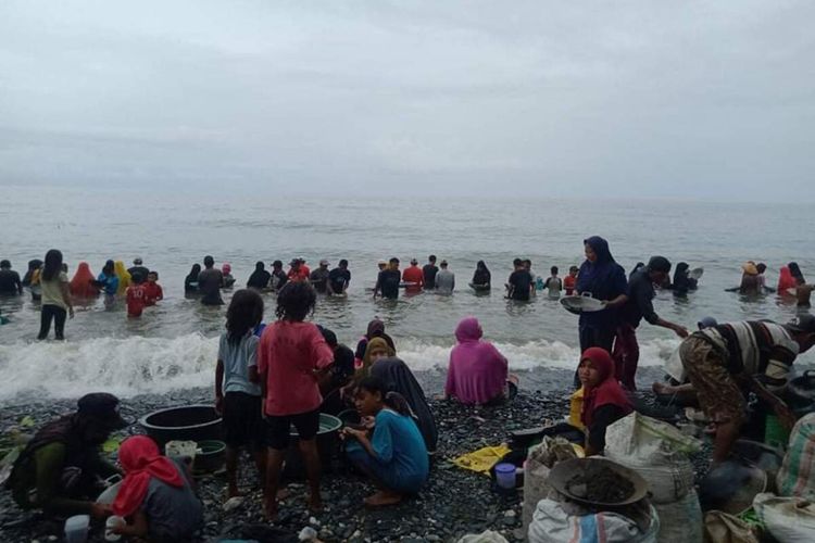 Ribuan warga mendatangi Pantai Pohon Batu di Desa Tamilow, Kecamatan Amahai, Maluku Tengah untuk.mendulangnemas, Minggu (28/3/2021)