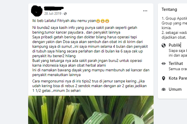 Tangkapan layar unggahan yang menyebut bawang dayak bisa menyembuhkan segala jenis kanker.