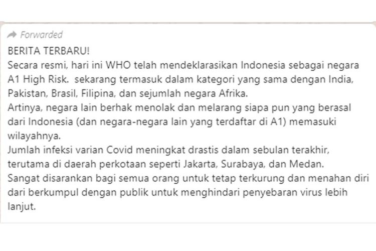 Tangkapan layar pesan WhatsApp terkait WHO yang menyebut Indonesia sebagai negara A1 high risk Covid-19.