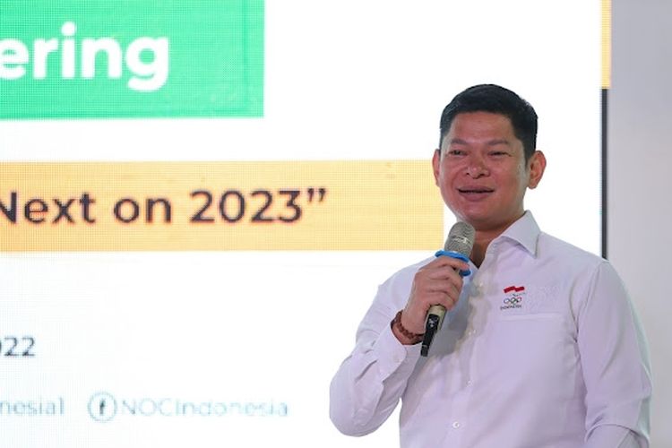 Ketua Umum NOC Indonesia, Raja Sapta Oktohari, dalam acara media gathering Kaleidoscope 2022 and What Next on 2023 di kantor NOC Indonesia, Kamis (22/12/2022). Terkini, Raja Sapta Oktohari berbicara terkait penolakan terhadap Israel di ANOC World Beach Games 2023.