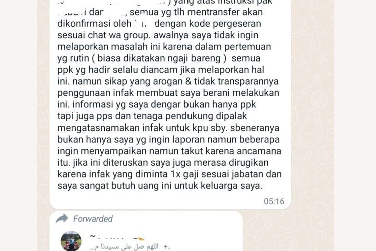 Potongan pesan Whatsapp yang menunjukkan adanya dugaan pungli terhadap PPK di KPU Surabaya