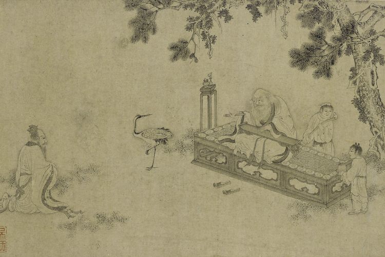 Lukisan yang menggambarkan Lao Tzu mengantarkan Tao Te Ching. Lukisan dibuat oleh Li Gonglin sekitar 1049-1106 atau di masa Dinasti Ming, abad ke-16.