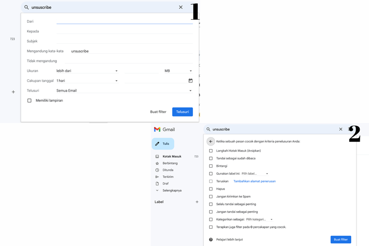 Ilustrasi cara memfilter pesan newsletter di Gmail 