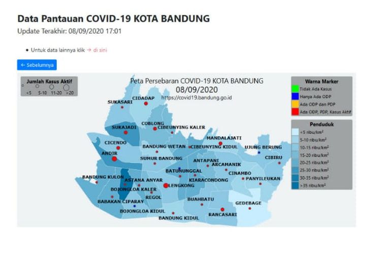 Peta pantauan Covid-19 Kota Bandung per 8 September 2020. 