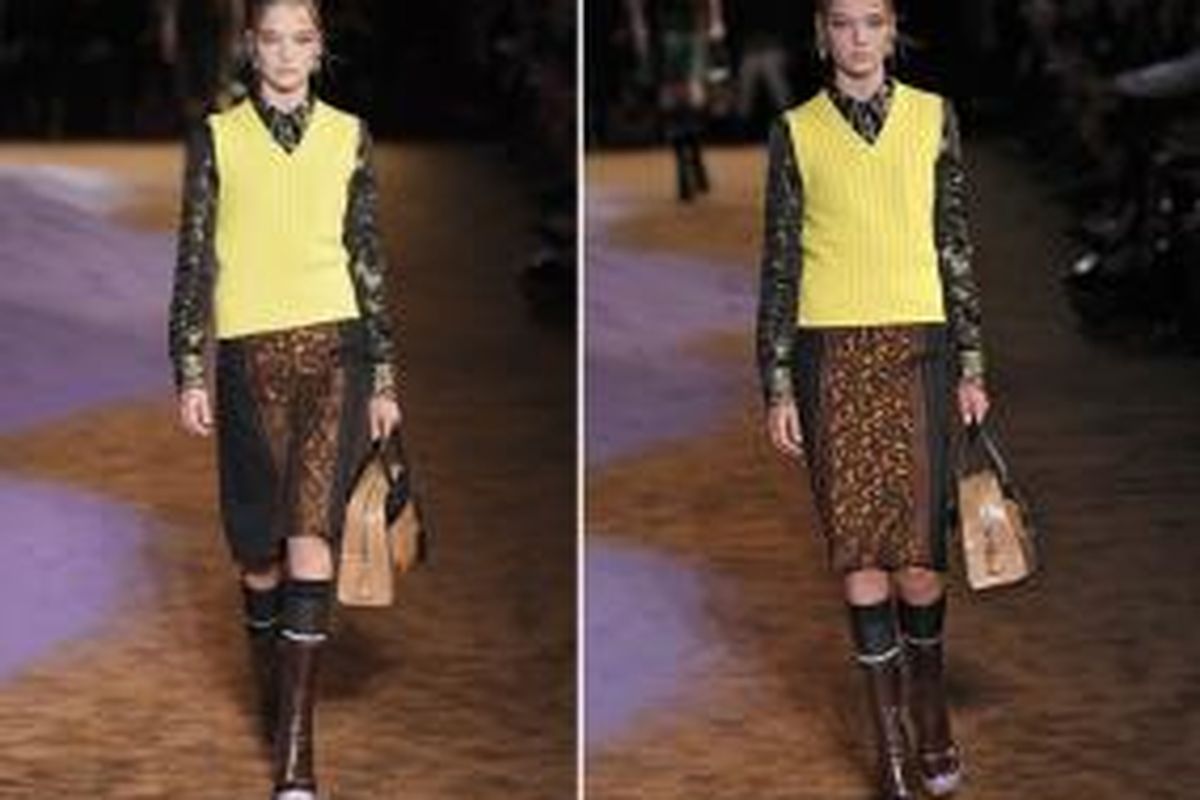 Roos Abels saat melenggang di Milan Fashion Week 2015 untuk busana Prada. Berdasarkan akun instagram Abels, model pendatang baru dari Belanda ini diketahui masih berumur 14 tahun. 