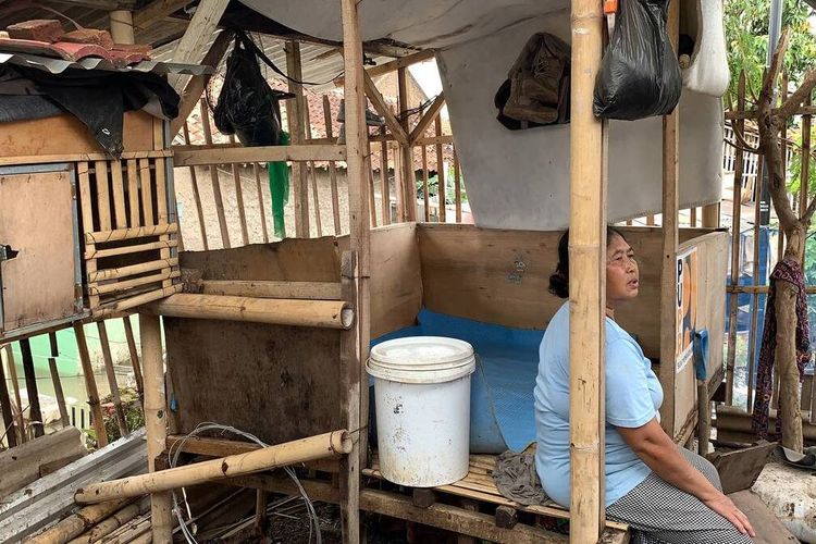 Ayun Yuningsih (50) warga Kampung Cijagra, Kecamatan Bojongsoang, Kabupaten Bandung, Jawa Barat, saat merapihkan saung untuk istirahat malam hari manakala musim penghujan datang, Ayun dan keluarga mesti mengungsi lantaran wilayahnya kerap dilanda banjir luapan Sungai Citarum, Kamis (12/9/2024).