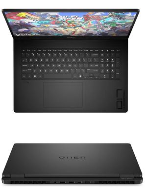 Keyboard dan rangkaian konektor di sisi belakang Laptop Gaming HP Omen 17 2024