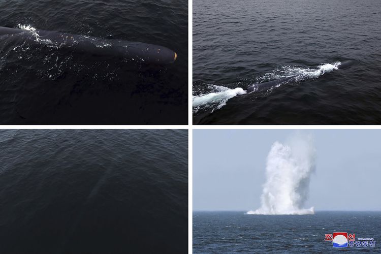 Kolase foto yang disediakan oleh KCNA ini menunjukkan apa yang dikatakan sebagai uji coba drone bawah laut yang diadakan selama 4 hingga 7 April 2023 di perairan provinsi Hamgyong Selatan, Korea Utara. 