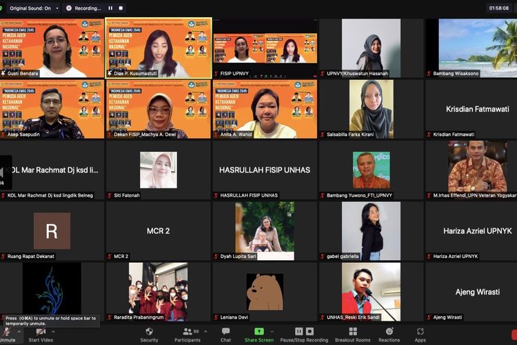 Tangkapan layar webinar bertajuk Indonesia Emas 2045: Pemuda Agen Ketahanan Nasional yang digelar FISIP UPN ?veteran? Yogyakarta (UPN Jogja), Sabtu (27/11/2021).