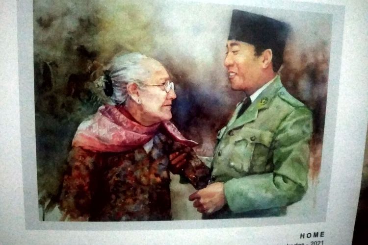 Lukisan berjudul Home, cat air di atas kertas, karya pelukis Yogyakarta Damar Sungkowo, memotret momen kedekatan Soekarno dan Ibunya, Ida Ayu Nyoman Rai, dipamerkan di Perpustakaan Bung Karno di Blitar, 18-23 Juni 2021