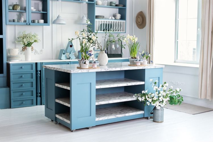 Ilustrasi kitchen island biru.