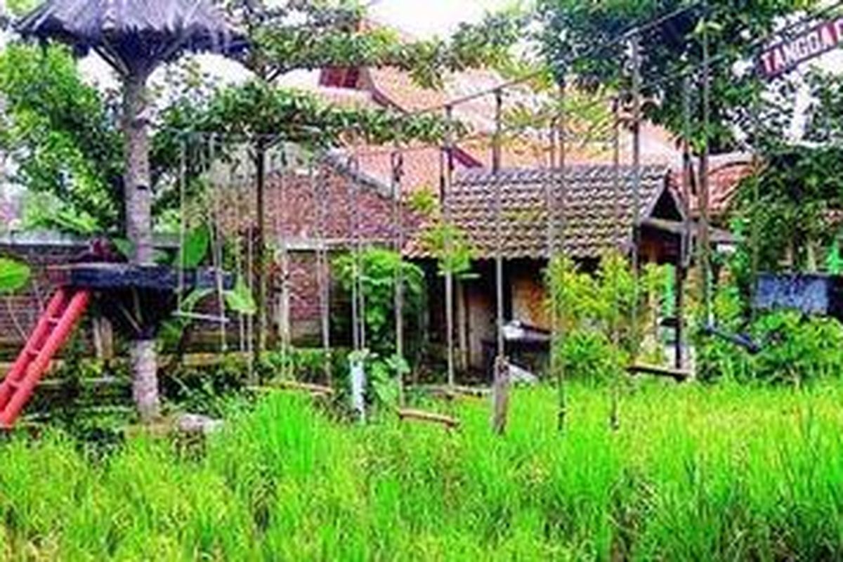 Rumah Bambu di Desa Cimurah, Kecamatan Karangpawitan, Kabupaten Garut, Jawa Barat, menggabungkan permainan luar ruang (outbound) tangga goyang dengan wahana menanam padi di sawah, seperti terlihat beberapa saat lalu. Rumah Bambu mencoba membangkitkan warisan budaya Jabar yang mulai dilupakan. 