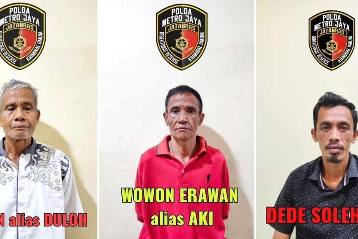 Tiga tersangka penipuan dan pembunuhan berencana asal Cianjur yang ditahan polisi pertengahan Januari 2023. Dari kiri: Solihin alias Duloh (63), Wowon Erawan alias Aki (60), dan M Dede Solehudin (35).