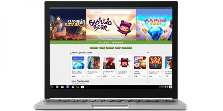 IIustrasi Google Play Store di laptop Chromebook
