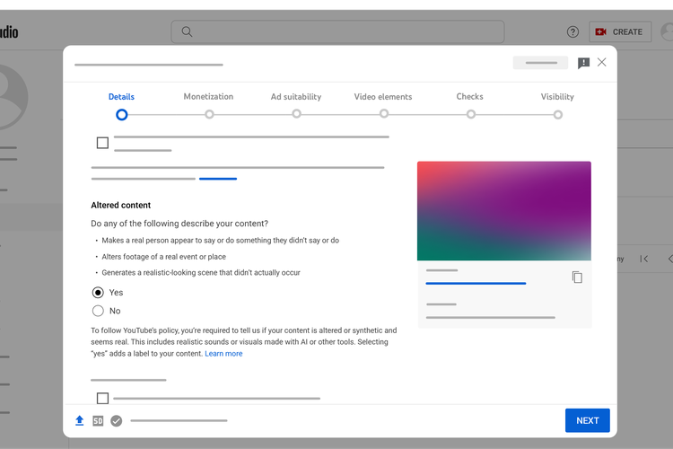 Daftar periksa YouTube menanyakan apakah video pengguna memuat konten yang diubah (altered content) dengan AI.