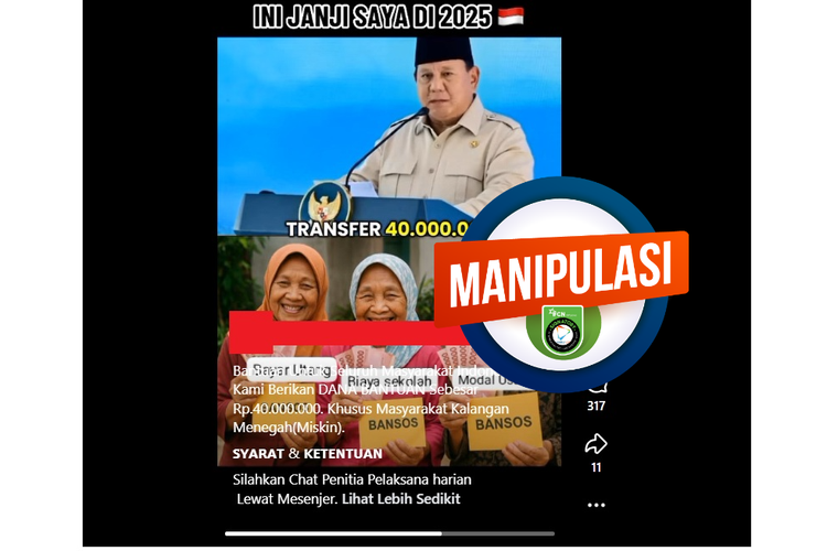 Video yang diklaim menampilkan Prabowo memberikan bantuan Rp 40 juta di Facebook