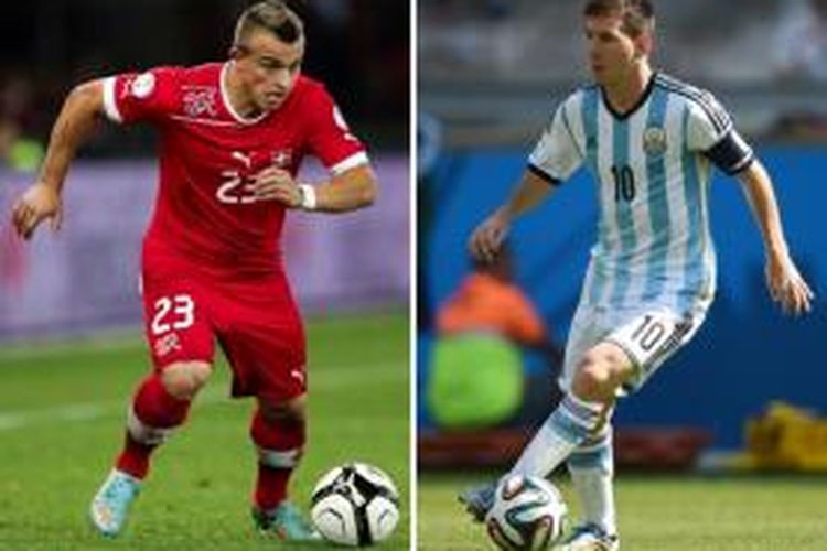 Pemain Swiss, Xherdan Shaqiri (kiri) dan pemain Argentina, Lionel Messi (kanan).