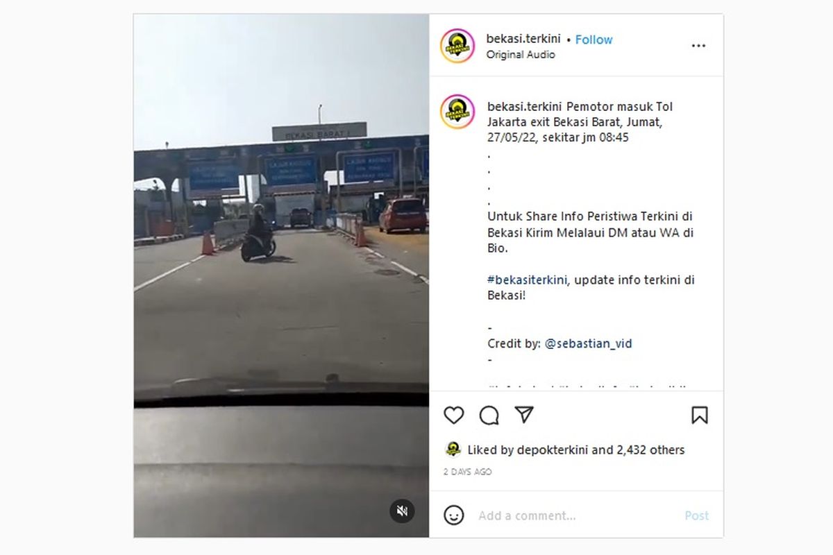 Sebuah video rekaman yang memperlihatkan seorang pengendara sepeda motor masuk jalan tol beredar di media sosial Instagram. Jasamarga Transjawa Tollroad Regional Division (JTTRD) bersama dengan PT Jasamarga Tollroad Operator (JMTO) sebagai penyedia pengoperasian jalan tol berhasil mengidentifikasi lokasi kejadian. 