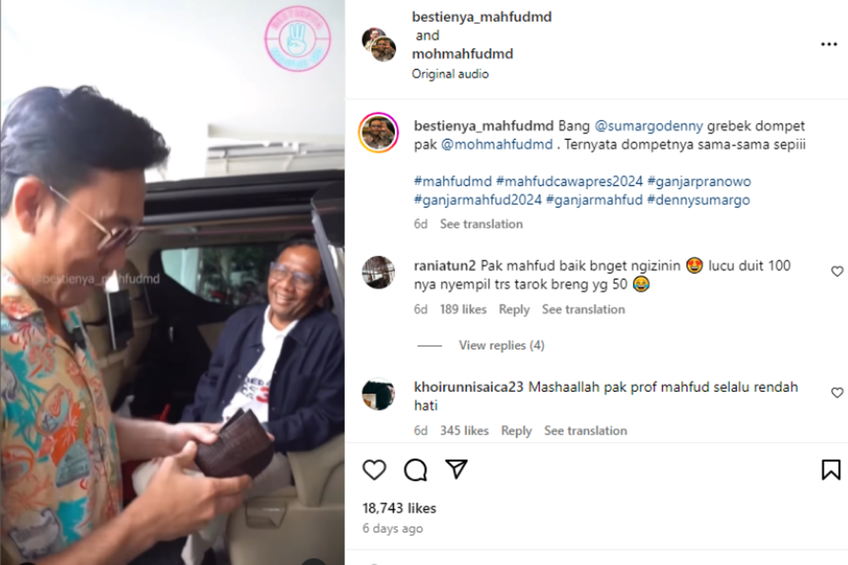  
Ketika Youtuber Denny Sumargo membuka dompet calon wakil presiden (cawapres) nomor urut 3, Mahfud MD. 