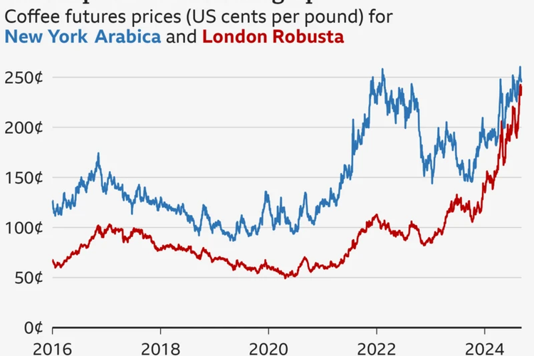 Grafik harga kopi yang merangkak naik.