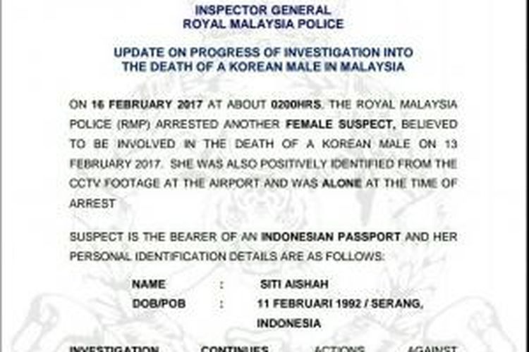 Perempuan pemegang paspor Indonesia, yang tersangkut kasus pembunuhan Kim Jong Nam, saudara tiri pemimpin Korut Kim Jong Un, itu bernama Siti Aishah.