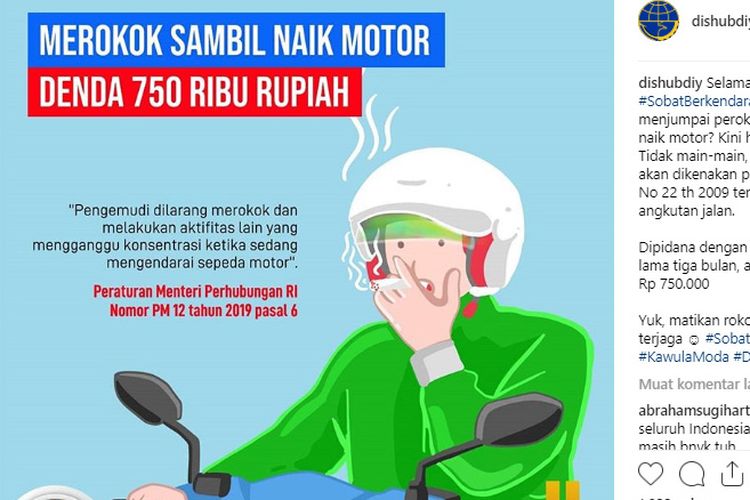 Larangan merokok saat naik motor   Peraturan Menteri Perhubungan Nomor 12 Tahun 2019 tentang Perlindungan Keselamatan Pengguna Sepeda Motor 