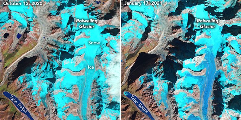 Gambar gletser Himalaya tanpa lapisan salju baru. Pada bulan Januari, pegunungan Himalaya selalu diselimuti salju baru, tapi pada Januari 2021, hujan salju baru tidak turun.